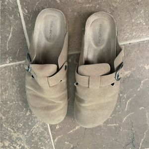 Maurices Taupe Suede Buckle Clogs